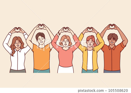 Kind people volunteers making heart shape with fingers and raising hands above heads 105508620