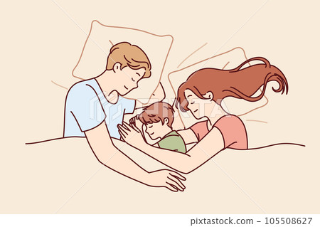 Happy family couple with child sleeps in bed enjoying healthy sleep and restoring strength  105508627
