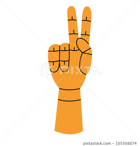 Wooden articulated figure manikin hand for learning to draw, cartoon style. Fingers showing gesture v-sign. Art supplies. Trendy modern vector illustration isolated on white, hand drawn, flat design 105508874