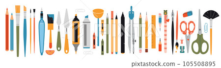 Big set with stationery and painting tools elements, cartoon style. Art supplies: brushes, pencil and markers. Trendy modern vector illustration isolated on white, hand drawn, flat design Big set with stationery and painting tools elements, cartoon style. Art supplies: brushes, pencil and markers. Trendy modern vector illustration isolated on white, hand drawn, flat design 105508895