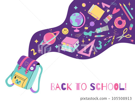Back to school banner, backpack and school stationery flying out of it, cartoon style. Study and education concept. Trendy modern vector illustration isolated on white, hand drawn, flat design Back to school banner, backpack and school stationery flying out of it, cartoon style. Study and education concept. Trendy modern vector illustration isolated on white, hand drawn, flat design 105508913