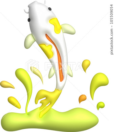 3d icon. Colorful Japanese carp jumping out of the water and water splashing around the carp. minimalist style icon 3d icon. Colorful Japanese carp jumping out of the water and water splashing around the carp. minimalist style icon 105509054