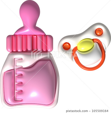 3d icons - baby bottle and baby pacifier Nutrition in plastic containers for newborns 3d icons - baby bottle and baby pacifier Nutrition in plastic containers for newborns 105509164