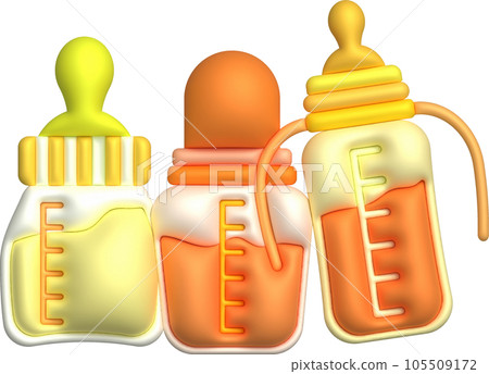 3D icon. Baby feeding bottle. Nutrition in plastic container for newborn baby. 3D icon. Baby feeding bottle. Nutrition in plastic container for newborn baby. 105509172