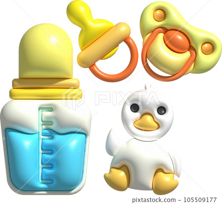 3d icons. Baby feeding bottle. Nutrition in plastic container for newborn. Baby pacifier and baby duckling toy. 105509177