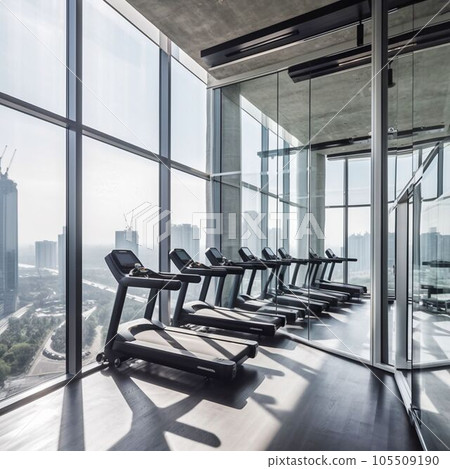 modern gym with various exercise machines. Generative AI modern gym with various exercise machines. Generative AI 105509190