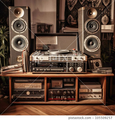 DJ console with an old record super speakers, Generative AI DJ console with an old record super speakers, Generative AI 105509257