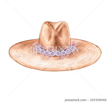 Felt hat in boho style with tropical flowers on a white background Felt hat in boho style with tropical flowers on a white background 105509440