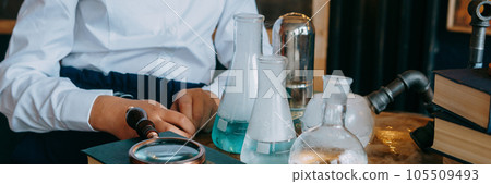 Schoolgirl perform chemical experiments. Back to school. School and preschool education. Schoolgirl perform chemical experiments. Back to school. School and preschool education. 105509493