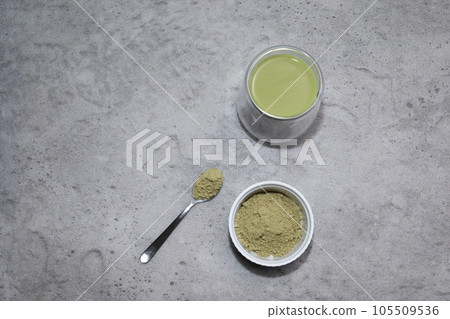 Top View Glass Of Smoothie, Juice With Hemp Protein Powder. Real Protein Drink. Spoon With Plant-derived Protein from Cannabis Plant. Superfood, Dieting. Horizontal Plane, Copy Space For Text. 105509536