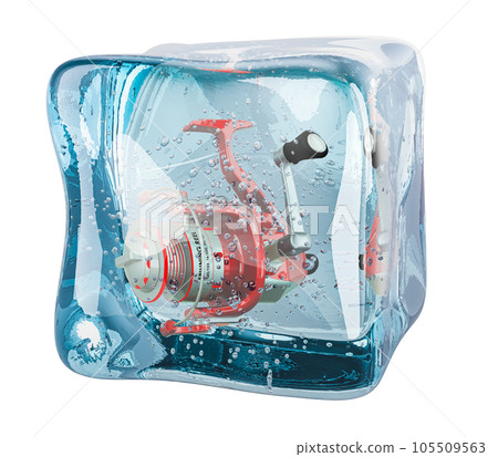 Spinning reel frozen in ice cube, 3D rendering 105509563