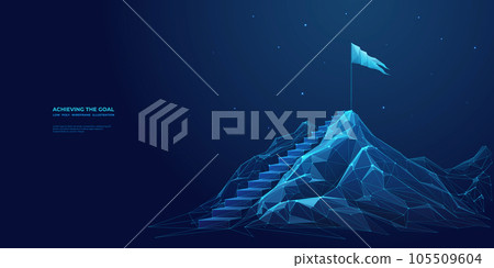 Mountain, flag, and stairs. Leadership concept. Goal achievement Mountain, flag, and stairs. Leadership concept. Goal achievement 105509604