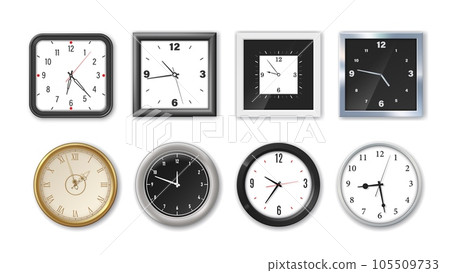 Watch face, realistic isolated wall clockwise with numerals and arrows. Isolated modern white and black, round and square 3d vector mockup. Front part of timepieces that displays the time 105509733