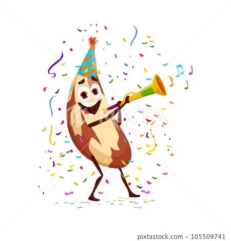 Cartoon brazilian nut character on holiday and birthday party. Isolated vector fun-loving seed personage wear festive hat, tooting a vuvuzela, adding excitement and music to festive event celebration Cartoon brazilian nut character on holiday and birthday party. Isolated vector fun-loving seed personage wear festive hat, tooting a vuvuzela, adding excitement and music to festive event celebration 105509741