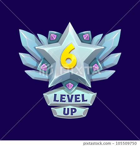 Game interface level up metal badge, steel win icon with star and wings. Isolated vector user interface gui or ui silver or iron emblem with golden number six and pink glossy gemstones, app element Game interface level up metal badge, steel win icon with star and wings. Isolated vector user interface gui or ui silver or iron emblem with golden number six and pink glossy gemstones, app element 105509750