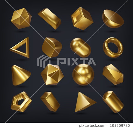 Realistic 3d golden math geometric shapes. Vector set of cube, cylinder and ring, octahedron, cone, pyramid, parallelepiped. Square, hexagonal and pentagonal prism, dodecahedron, icosahedron, pyramid 105509780