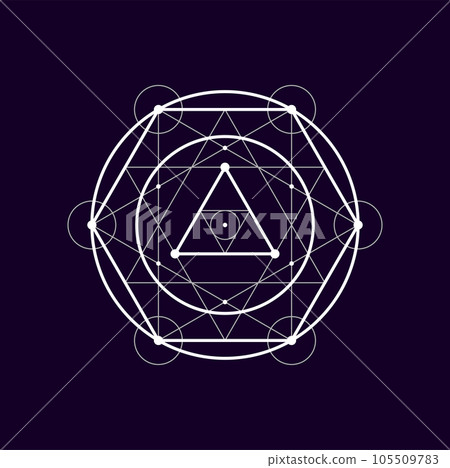 Round geometric sacred shape geometric boho alchemy symbol. Vector mystic bohemian esoteric sign, magical tribal circle and triangles Round geometric sacred shape geometric boho alchemy symbol. Vector mystic bohemian esoteric sign, magical tribal circle and triangles 105509783