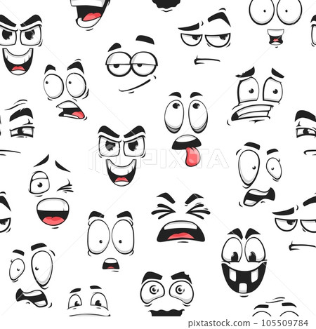 Cartoon funny emoji faces seamless pattern, funny emoticons and happy emoji, vector background. Cute smile characters pattern of cartoon kawaii emoticons laugh or scared and silly tongue for pattern Cartoon funny emoji faces seamless pattern, funny emoticons and happy emoji, vector background. Cute smile characters pattern of cartoon kawaii emoticons laugh or scared and silly tongue for pattern 105509784