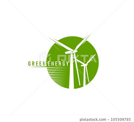Wind turbine icon. Green energy. Clean energy generation industry wind turbine symbol, green power source generator tower or ecological electricity production innovation vector round emblem or sign Wind turbine icon. Green energy. Clean energy generation industry wind turbine symbol, green power source generator tower or ecological electricity production innovation vector round emblem or sign 105509785