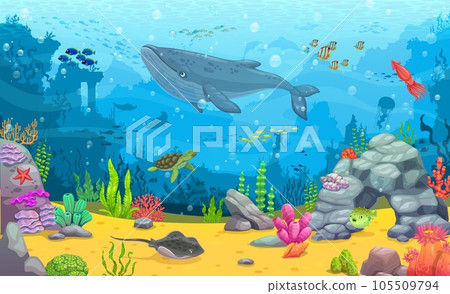 Cartoon underwater landscape. Blue whale, fish shoals and sea animals between seaweeds. Vector background for game or wallpaper with turtle, stingray, puffer fish and squid at seafloor with ruins Cartoon underwater landscape. Blue whale, fish shoals and sea animals between seaweeds. Vector background for game or wallpaper with turtle, stingray, puffer fish and squid at seafloor with ruins 105509794