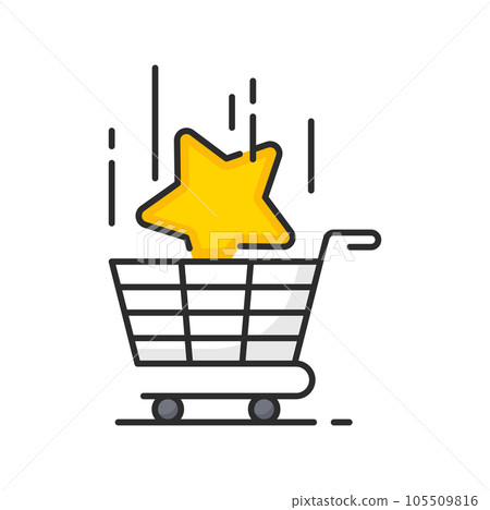 Shopping cart with bonus star icon, vector loyalty incentive benefits, reward points, prize or gift. Shopping bonus system of customer loyalty program color line symbol with gold star in trolley 105509816
