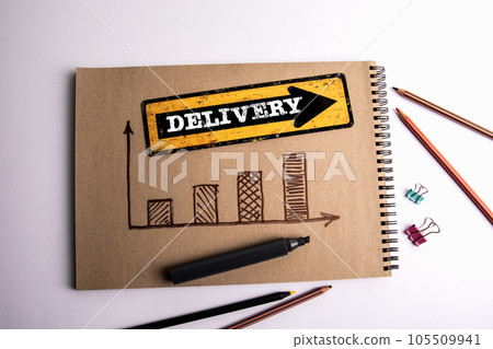 Delivery Concept. Development graph and direction arrow with text on office desk Delivery Concept. Development graph and direction arrow with text on office desk 105509941