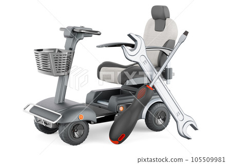 Powered mobility scooter with screwdriver and wrench, 3D rendering Powered mobility scooter with screwdriver and wrench, 3D rendering 105509981