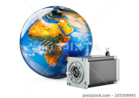 Stepper motor with Earth Globe. 3D rendering 105509995