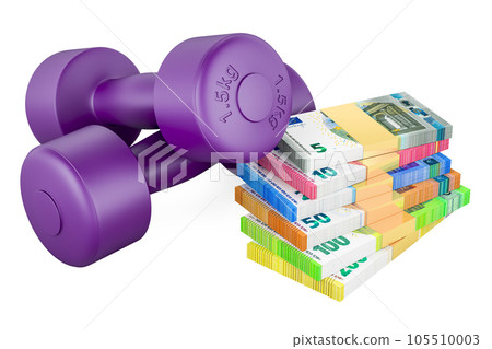 Purple Dumbbells for Strength Training with euro packs. 3D rendering Purple Dumbbells for Strength Training with euro packs. 3D rendering 105510003