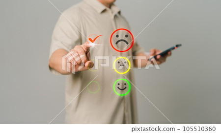 Client hand is touching virtual screen on the angry emotion face. Assessment testimonial review for dislike service and low quality. Business service concept of customer experience dissatisfaction. Client hand is touching virtual screen on the angry emotion face. Assessment testimonial review for dislike service and low quality. Business service concept of customer experience dissatisfaction. 105510360