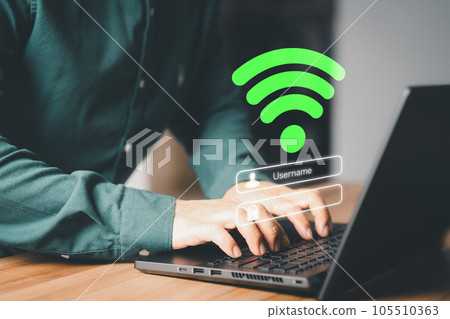 User using a computer laptop to connect to wifi but wifi not connected or password is incorrect and waiting to loading digital data form website, concept technology of waiting for connect to wifi. User using a computer laptop to connect to wifi but wifi not connected or password is incorrect and waiting to loading digital data form website, concept technology of waiting for connect to wifi. 105510363