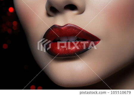 Woman's red and black lips closeup. Fillers or injection. Healthy skin. Generative AI 105510679