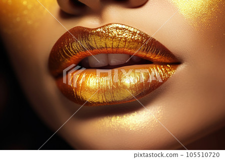 Woman's golden lips closeup. Fillers or injection. Healthy skin. Generative AI 105510720