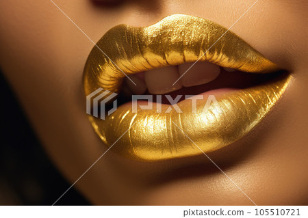 Woman's golden lips closeup. Fillers or injection. Healthy skin. Generative AI 105510721