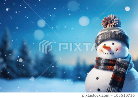 Winter blurred background with snowman, Merry christmas and happy new year greeting card with copy-space Generative AI 105510736