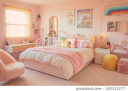 Vibrant pastel girly bedroom, pastel pillows. Creating modern interior. Generative AI. 105511277