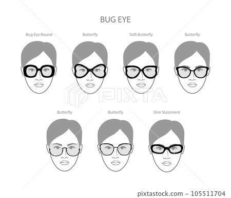 Set of Bug eye frame glasses on women face character fashion accessory illustration. Sunglass front view unisex style Set of Bug eye frame glasses on women face character fashion accessory illustration. Sunglass front view unisex style 105511704