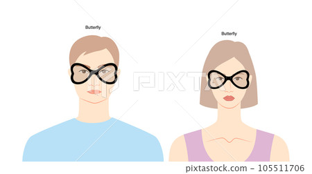 Butterfly frame glasses on women and men flat character fashion accessory illustration. Sunglass front view unisex 105511706