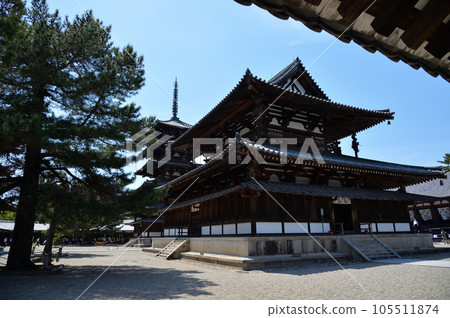 從迴廊看近藤法隆寺和五層寶塔 從迴廊看近藤法隆寺和五層寶塔 105511874