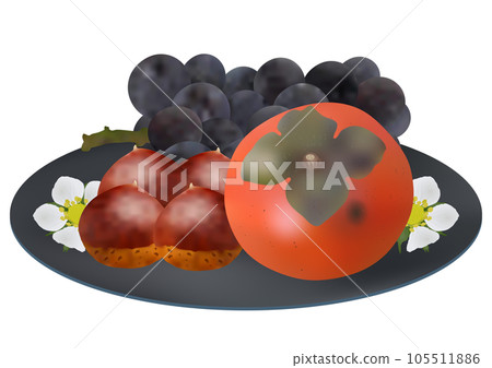 Three kinds of autumn fruits served on a plate "Persimmon" "Chestnut" "Grape" New Pione Blue plate Floral pattern 105511886