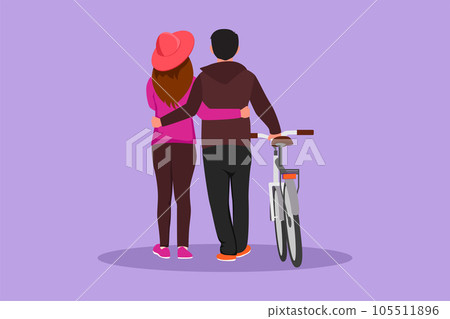 Cartoon flat style drawing back view of young couple with bicycle walking in park on sunny autumn day. Cheerful man and woman in love. Happy romantic married couple. Graphic design vector illustration 105511896