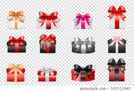 Set of colored different gift cardboard boxes with bows and ribbons. For valentines day, birthday, march 8, christmas and new year, for cards and black friday sales, for your design 105511942