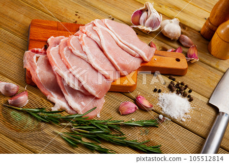 Raw pork chops with seasonings Raw pork chops with seasonings 105512814