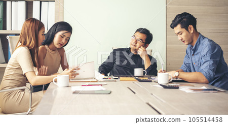Banner Group of business people meeting in conference room. Panorama Asian businesspeople brainstorm teamwork partnership. Happy teams meeting graph chart business data meeting room with copy space 105514458