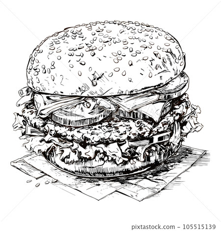 Hamburger hand drawn sketch retro style etching, Delicious vintage etching, vector illustration 105515139