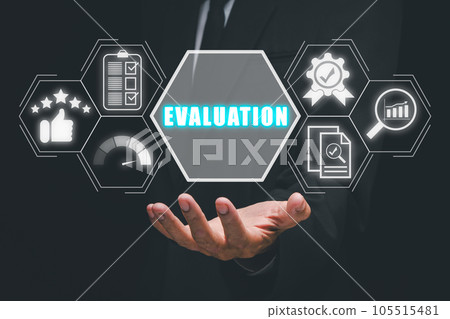Evaluation concept, Business person hand holding evaluation icon on virtual screen. Evaluation concept, Business person hand holding evaluation icon on virtual screen. 105515481