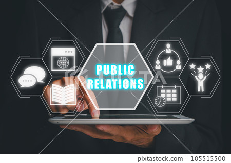 Public relations concept, Businessman hand holding digital tablet with public relations icon on virtual screen. Public relations concept, Businessman hand holding digital tablet with public relations icon on virtual screen. 105515500