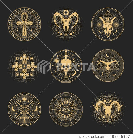 Occult and esoteric pentagram, magic tarot symbols. Vector signs of ankh cross and pyramid. Occultism all seeing eye symbol, Baphomet skull and celestial moon ritual signs with esoteric heptagrams Occult and esoteric pentagram, magic tarot symbols. Vector signs of ankh cross and pyramid. Occultism all seeing eye symbol, Baphomet skull and celestial moon ritual signs with esoteric heptagrams 105516307
