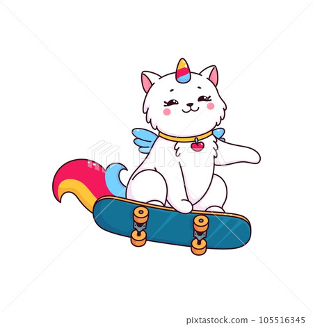 Cartoon cute caticorn cat and kitten character. Fantasy animal or magical creature isolated vector funny character. Skating caticorn cat childish mascot or comical personage Cartoon cute caticorn cat and kitten character. Fantasy animal or magical creature isolated vector funny character. Skating caticorn cat childish mascot or comical personage 105516345