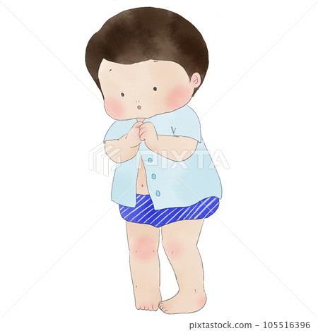 一個正在換衣服的男孩停下了按鈕 105516396